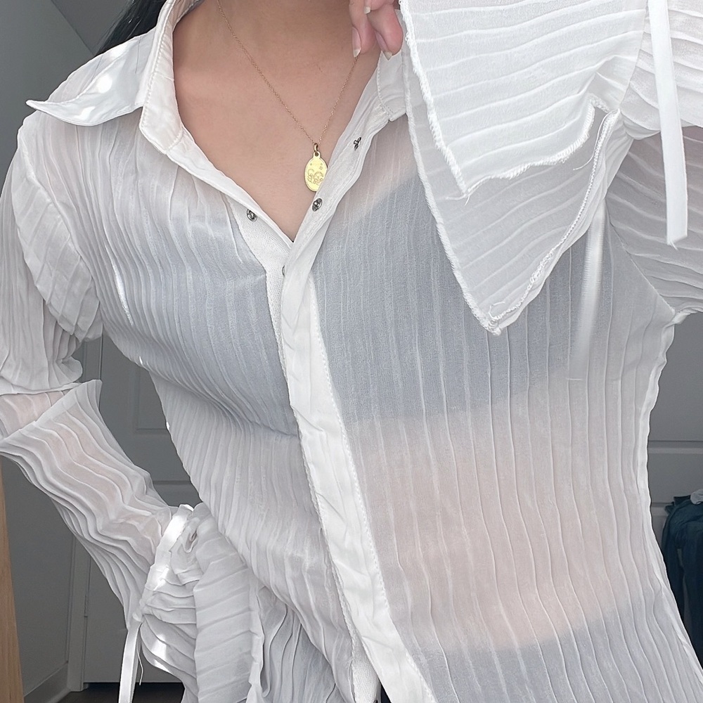 long sleeve collar tie cuff pleated sheer shirt